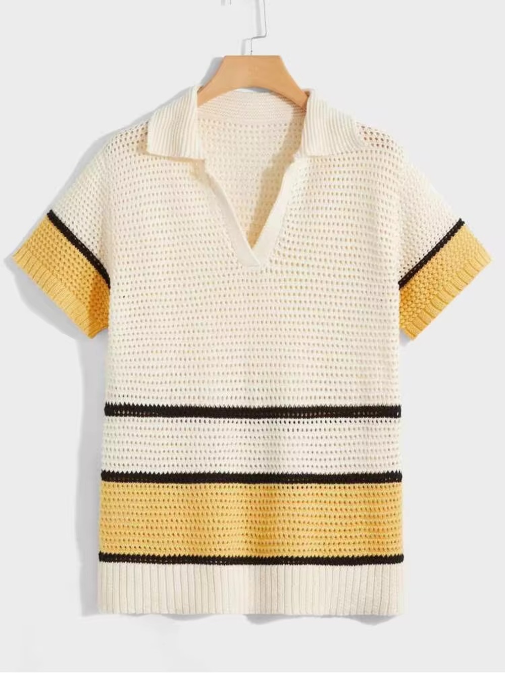ROMWE Cream and Yellow Knit Short Sleeve Polo Tee with Black Stripes